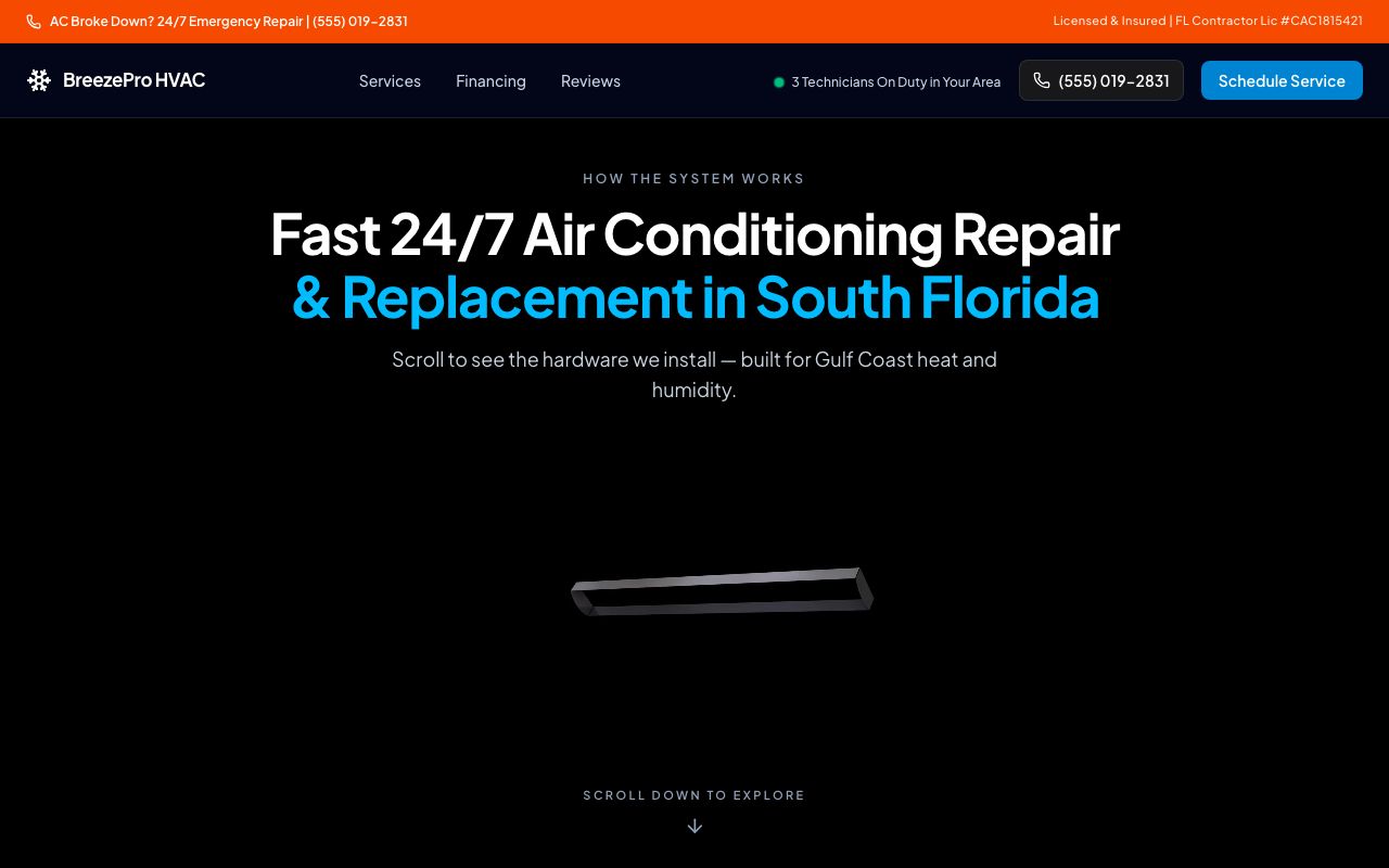 Vista previa del sitio BreezePro HVAC — reparación de aire acondicionado 24/7 en South Florida