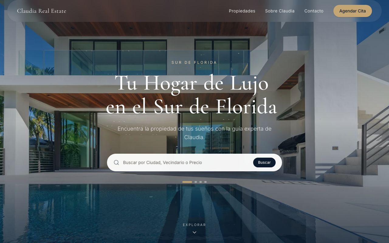 Vista previa del sitio Claudia Realtor — propiedades de lujo en el Sur de Florida