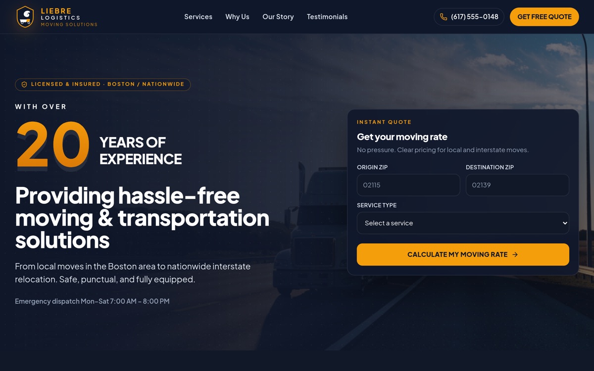 Vista previa del sitio Liebre Logistics — cotizador instantáneo de mudanzas locales e interestatales