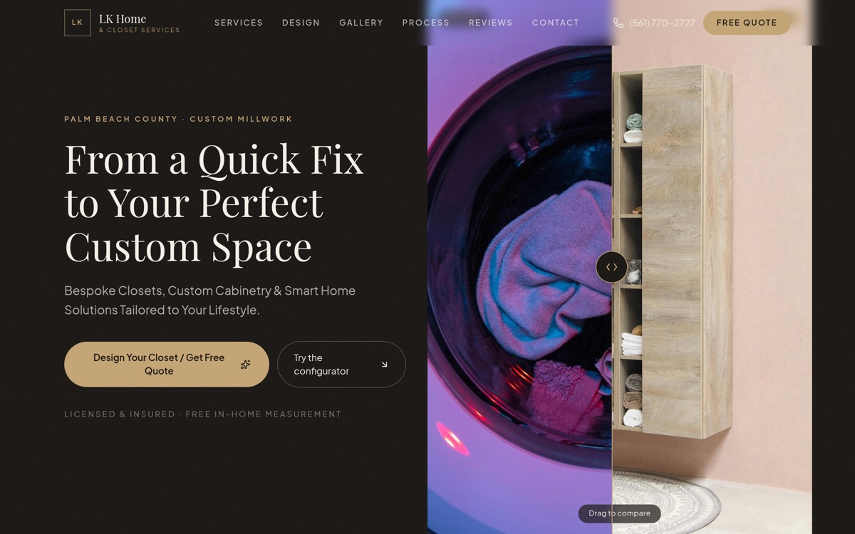 Vista previa del sitio LK Home & Closet Services — closets a medida y carpintería en Palm Beach County